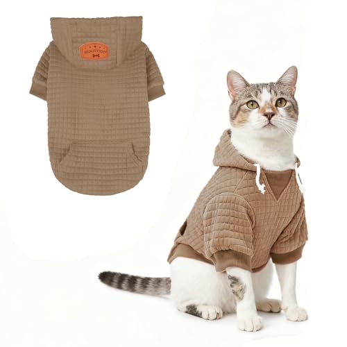 Image of BEAUTYZOO Small Dog Hoodie Sweater with Pockets, Dog Clothes for Small Medium Dogs Boy Girl, Waffle-Like Laminated Cotton Pet Coats with Hat and Leash Hole, Khaki XXS