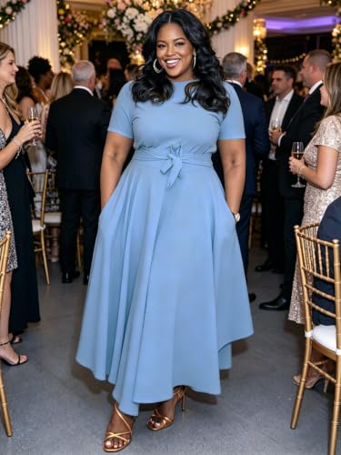 Image of Hostoyo Women Plus Size Formal A Line Maxi Dress Self Tie Waist with Pockets Elegant Round Neck Swing Long Dresses