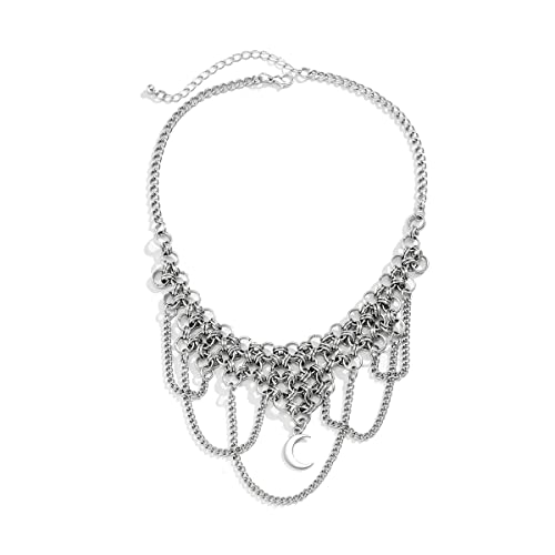 Kercisbeauty Silver Riveted Chainmail Choker Necklace with Moon Pendant for Women Statement Punk Jewelry (Style 6)4