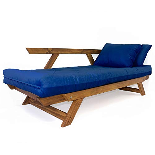 Sofá Japão Futon Azul Royal Madeira Maciça Cor Imbuia