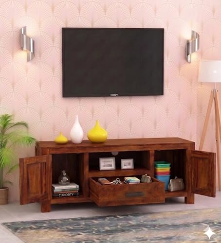 Image of Sheesham Rosewood, 1 Drawer Solid Wood TV Entertainment Unit | Wooen TV Cabinet Living Room & Office (Finish Color - Honey Oak Finish)