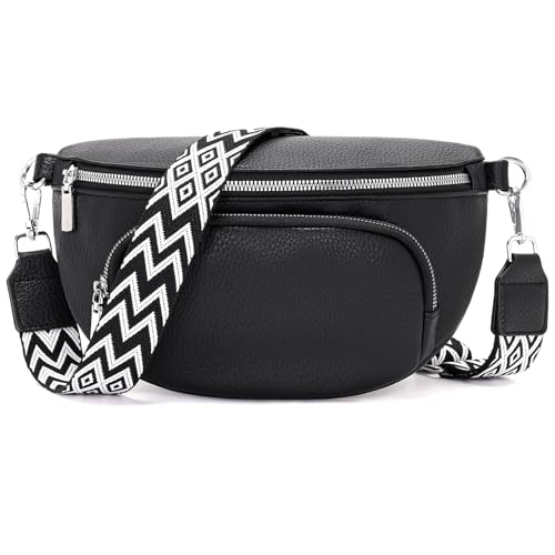 Rorimyth Bauchtasche Damen Schwarz Umhängetasche Damen Klein Veganes Leder Handtasche Crossbody Bag Gürteltasche Brusttasche Hüfttasche