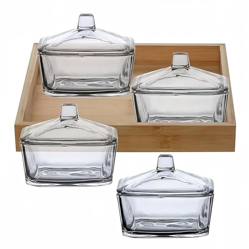 Image of 275ml Glass Serving Bowl Set of 4 with Glass Lids & Bamboo Tray | Snack Serving Bowls for Dry Fruits, Namkeen, Masala, Mukhwas | Transparent Kitchen Storage Containers