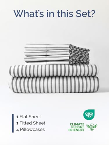 Image of Extra Deep Cal King Sheet Set - 6 Piece Breathable & Cooling - Grey Stripes | Hotel Luxury Bed Sheets Set, Easy & Secure Fit, Ultra-Soft, Wrinkle & Fade Free, Comfy Sheets Set with Extra Deep Pockets
