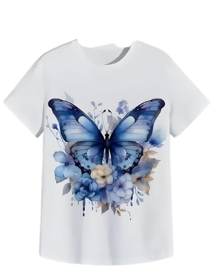 Women's Watercolor Butterfly T-Shirt, Blue Floral Print, White Cotton, Short Sleeve-picture-53