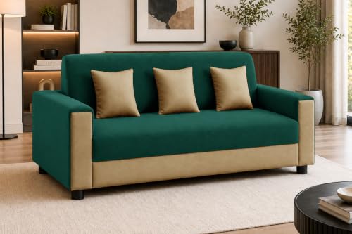 Image of Modern 3 Seater Sofa | Contemporary Upholstered Couch | Premium Cushioned Seating | Stylish Armrest Design | Comfortable Sofa for Living Room, Bedroom & Office - Green + Beige Color