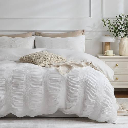 Image of JELLYMONI White Duvet Cover Full Size, 3pcs Washed Microfiber Bedding Set, Soft Breathable Wide Seersucker Duvet Cover Set with Zipper Closure and Corner Ties for All Seasons
