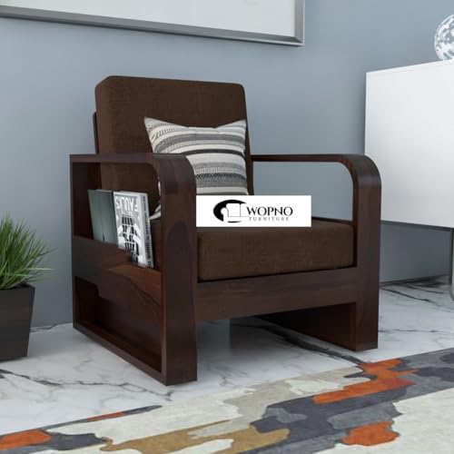 Image of Sheesham Wooden 1 Seater Sofa for Living Room | Solid Wood Sofa with Side Pocket Storage & Cushion | Rosewood Sofa Set for Home & Office | Lounge (Walnut with Brown Cushion, 1 Seater)