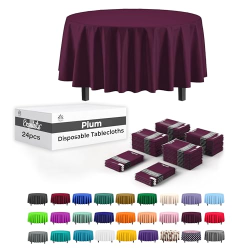 Image of Party Solids Plum Round Plastic Tablecloth - 84 Inch, Pack of 24