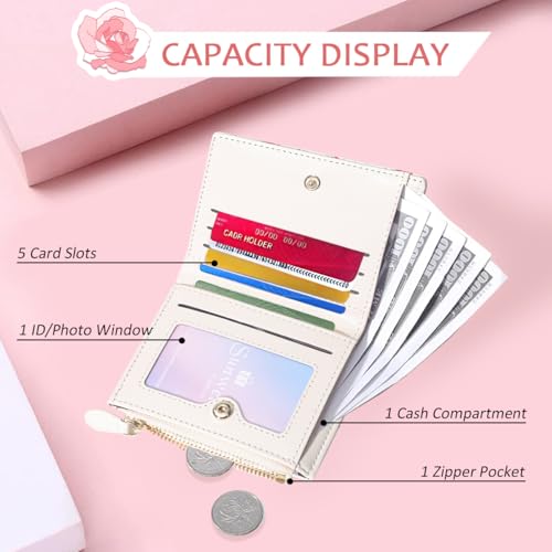 Sunwel Fashion Floral Prints Rose Wallet Small Bifold Wallet with Zipper Coin Purse Card Holder ID Window for Women Girls (CREAM)2