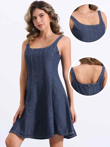 Image of Allegra K Denim Dress for Women's Casual Tank Square Neck Mini Dress