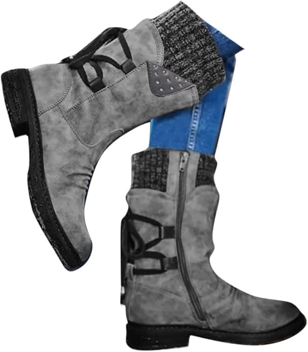 ZSpzx Women Mid Calf Riding Boots Wide Calf Slouchy Vintage Leather Knit Splicing Chunky Block Heels Round Toe