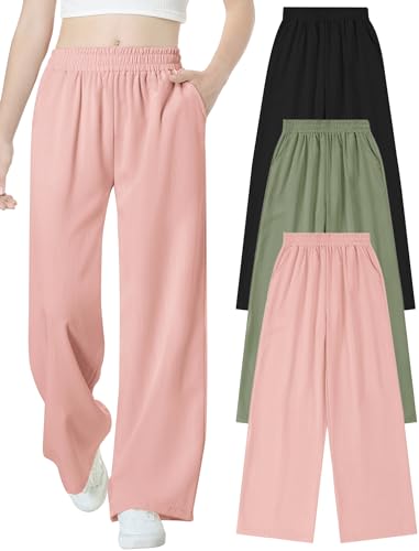 Image of EXARUS 3 Pack Girls Wide Leg Pants Flowy Linen Teen Casual Loose Baggy