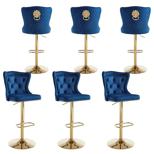 Butacos Giratorios Ajustables de Terciopelo, Juego de 6 Sillas Altas para Barra con Detalle de Anilla en Forma de León y Espalda Alta Acordonada, Estilo Moderno para Isla de Cocina, Azul Marino y Dorado