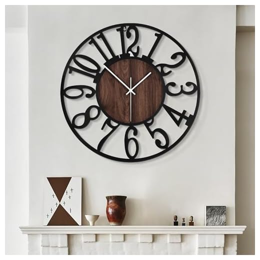 LEIKE Large Wall Clocks,Silent,Non Ticking,Battery Operated Big Retro Round Modern Wood Wall Clock for Living Room, Bedroom,Dinning Room,Farmhouse,Office,Home Decor-20 Inch(Black-Arabic Number)