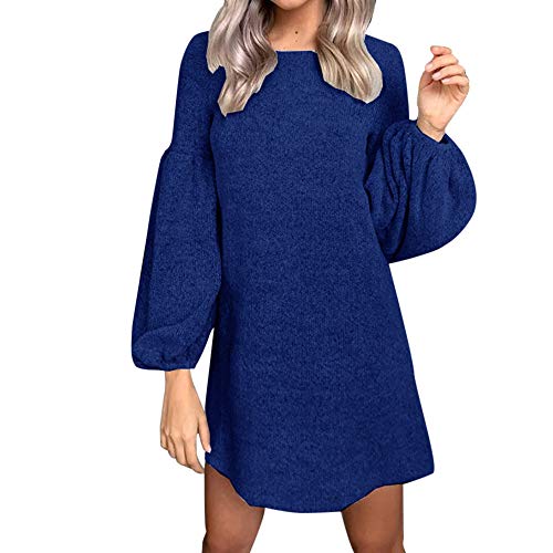 ReooLy Women Fashion Solid Long Sleeve O-Neck Puff Sleeve Knitted Dress (Blue,X-Large)