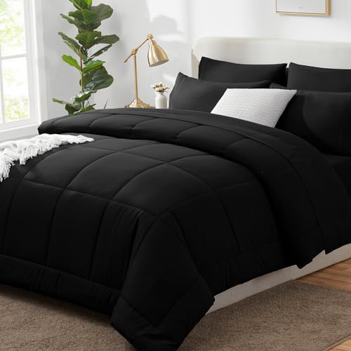 CozyLux Queen Comforter Set Black, 7 Pieces Bed in a Bag, Black C...