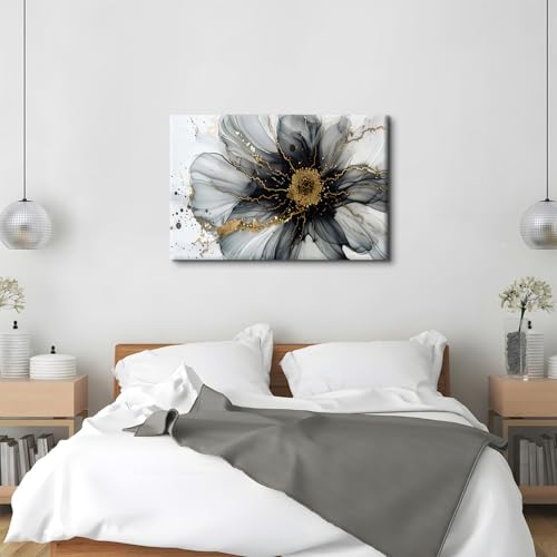 Image of AREBOLO Large Black and White Abstract Wall Art for Bedroom Above Bed Picture, Marble Flower Wall Decor Watercolor Fluid Glitter Texture Ink Prints Painting Poster Modern Artwork Decorations 32x48 inch