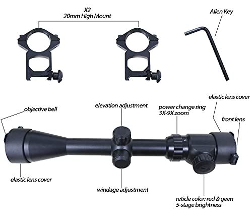 Sutekus Tactical Scope 3-9x40 Rangefinder Red & Green Illuminated Optics Reticle Crosshair Scope with 0.79\"(20mm) Free Mounts - Thumbnail 3