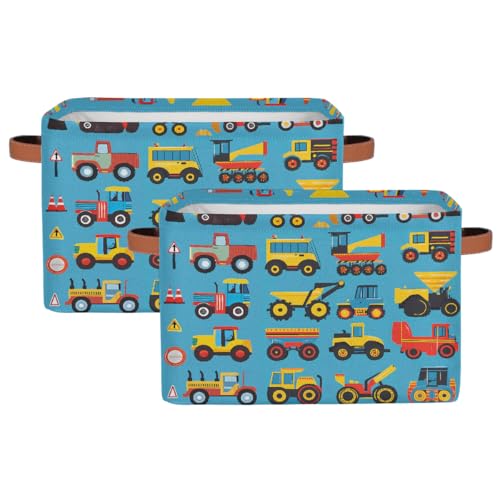 Image of Cartoon Construction Storage Baskets for Organizing, Fabric Collapsible Storage Bins Box Cars Tractors Bulldozers Decorative Toy Organizer Baskets for Closet Shelves Gift Basket 2Pcs