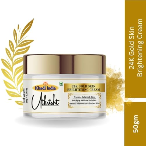 Image of Khadi India Utkrisht 24K Gold Skin Brightening Cream, Anti Aging Moisturizer with Hyaluronic Acid and Collagen, Firming Day and Night Cream for Women, 50g
