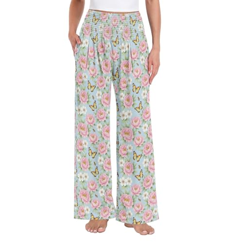 Pantalon décontracté rose aux motifs bucoliques de papillons