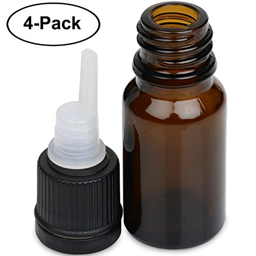 Aennon Essential Oil Bottles – 10 ml. Amber Glass Empty Bottle Set, for The Aroma Nebulizing Diffuser (4-Pack) + 12 Extra Washers Included