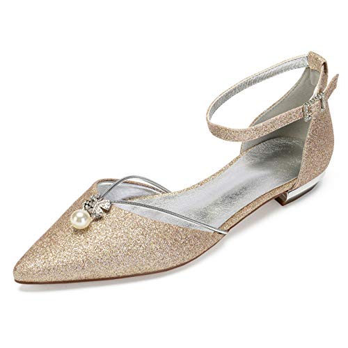 Creativesugar Women Flat Dress Shoes, Pointed Toe D'Orsay Ankle Strap with Pearl Crystal Bridal Wedding Flats (10, Rose…