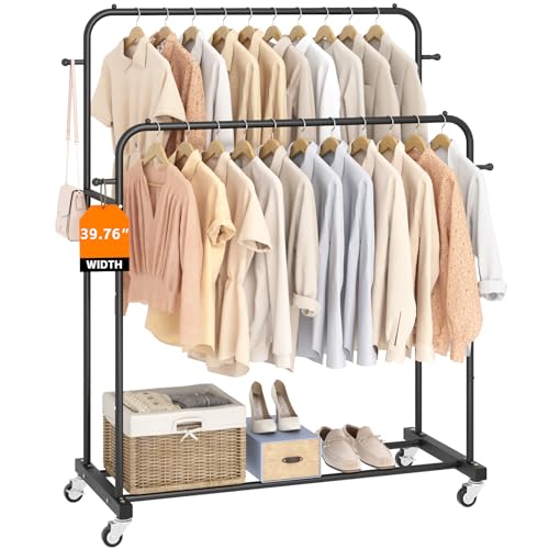 Laiensia Double Rods Garment Rack with Wheels, Clothing Rack for Hanging Clothes,4 Hooks,...