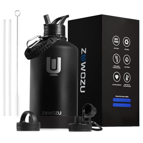 ZUWOZU 1 Gallon Water Bottle Insulated, Large Water Bottle Stainless Steel with Straw & Spout & Handle, Big Gallon Water Jug 128oz for Hot & Cold Liquid, Camping, Sports & Outdoor, Black Cover