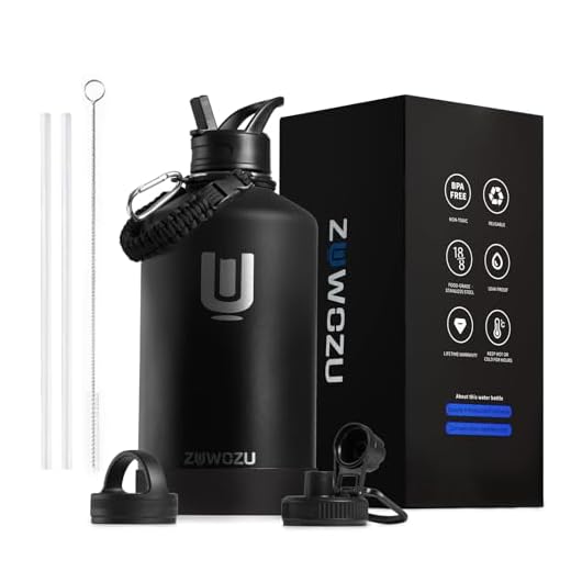ZUWOZU 1 Gallon Water Bottle Insulated,128oz Large Stainless Steel Water Bottles with Straw, Strap&3 Lids,Gallon Water Jug for Gym,Hiking(Black)