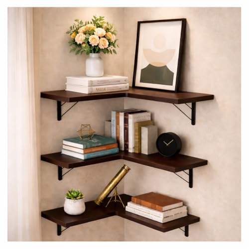 Home Decoration 3 Tier Corner Wall Shelf with Metal Brackets Rustic Wood Mounted Shelf for Living Room & Kitchen Storage Rack Perfect for displaying Books,Decorative Items (Brown) Home Decoration 3 Tier Corner Wall Shelf with Metal Brackets Rustic Wood Mounted Shelf for Living Room & Kitchen Storage Rack Perfect for displaying Books,Decorative Items (Brown)