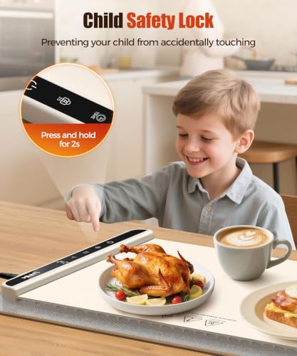 Image of Warming Mat for Food, 46x15 Inch, Off White, Fast Heat, Child Lock | Includes heat-resistant pad. Perfect for chafing dishes, buffet & parties. Easy to clean & store. 6 settings, timer & lock.