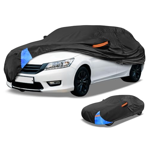 Image of Universal Car Cover Waterproof All Weather 190T Polyester, UV Sun Rain Protection, Fits for Sedan Length Up to 177 inch, with Left Side Zipper, Black & Blue