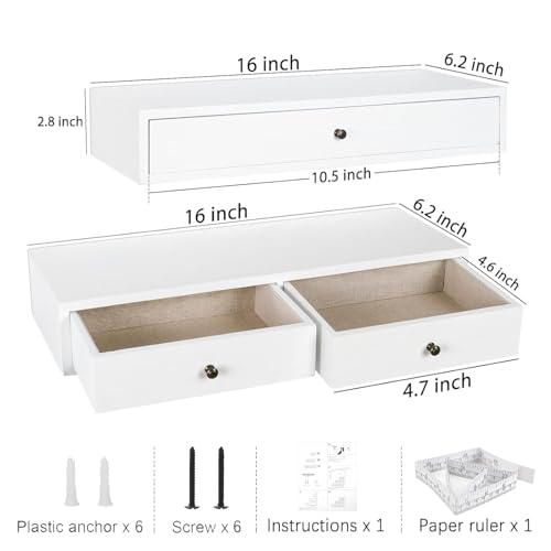 Image of Wood Floating Wall Mounted Drawers on a Floating Shelves with Drawers for Bedrooms, Living Rooms, and Displays Two Vintage Bedside Shelves (Pine) Wood (White)
