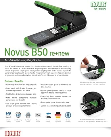 Novus B 50 re+New Sustainable Block Stapler (Stapling Capacity 140 Sheets, Variable Insertion Depth up to 75 mm, Full Metal Device with Plastic Coating Made from 81% Recycled Plastic) Black Gre