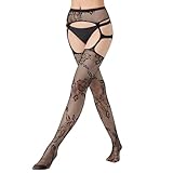 Yilanmy Damen Strapsstrumpfhose Sexy Muster Netzstrumpfhosen Schwarz Strumpfhosen Offener Schritt Strapsstrümpfe (Blume)