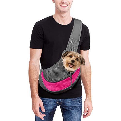 Achort Pet Carrier Hand Free Sling Puppy Carry Bag Small Dog Cat Traverl Carrier with Breathable Mesh Pouch for Outdoor Travel Walking Subway 12LB (Rose Red)