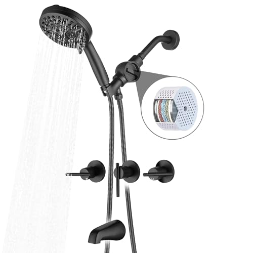 Llave de ducha para tina con 3 manijas con soporte para cabezal de ducha y filtro, acabado negro mate, montaje en pared miniatura 1