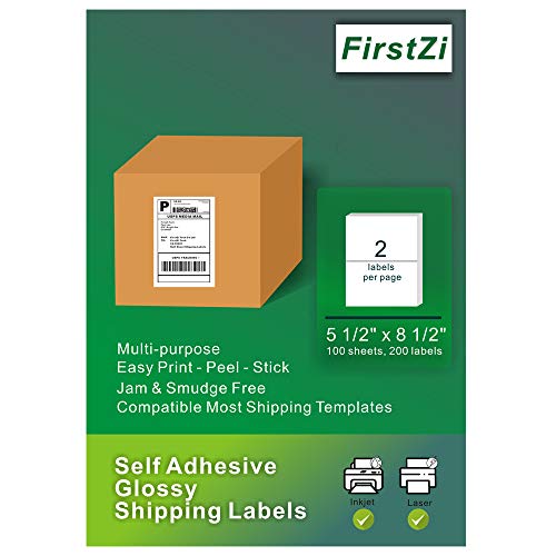 FirstZi 200 Count Half Sheet Self Adhesive Glossy Shipping Labels for Laser and Inkjet Printers, 5.5x8.5 Inches 2 Labels per Page, Printable, Durable,100 Sheets (200Labels) 1 Box