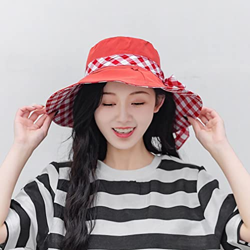 Ruinuo Womens Plaid Bucket Hats Bow Sun Hat Double Sided Windproof Summer Beach Hats For Fishing Hiking Travel Golf Red #TOP2