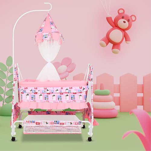 Image of New Born Baby Soft Seat Cradle with Swing and Mosquito Net, Four Wheels with Brake Lock for Swing Cradle /Jhula /Palna /Bed /Baby Safe for 0-2 Years (Pink)