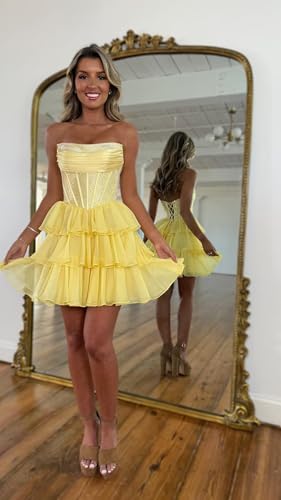 Sparkly Homecoming Dresses for Teens Tiered Chiffon Short Prom Dress Strapless LW2112