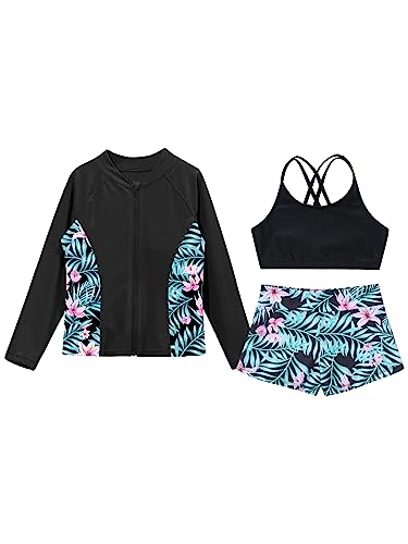 Linjinx Kids Girls 3-Piece Long Sleeve Rash Guard Sets Floral Tankini Bikini with UPF 50+ Zip Rushguard Shirt Swimwear4