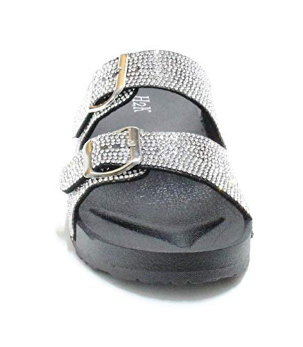 H2K Womens Glitter Double Buckle Adjustable Comfort Slip On Slides Sandals Espen2