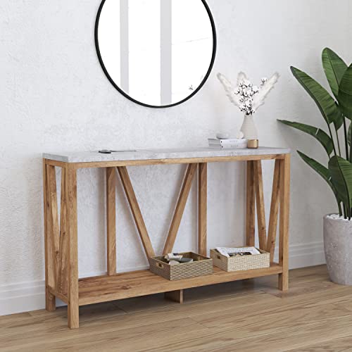 Merrick Lane Erikson Modern Farmhouse Engineered Wood Sofa Table with Wood Bracing and Lower Shelf in Warm Oak with Faux Concrete Top Merrick Lane Erikson Modern Farmhouse Engineered Wood Sofa Table with Wood Bracing and Lower Shelf in Warm Oak with Faux Concrete Top