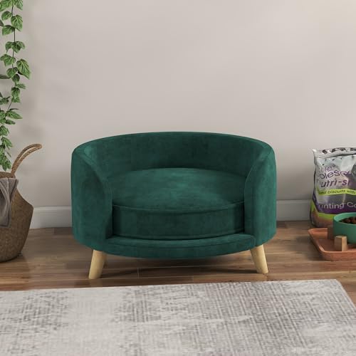 PawHut Hundesofa, Haustiersofa mit Samtoptik, Katzensofa mit Kissen, Hundebett, Hundecouch mit Erhöhtem Design, Hundesessel mit Holzbeine, Grün, 68 x 68 x 35 cm