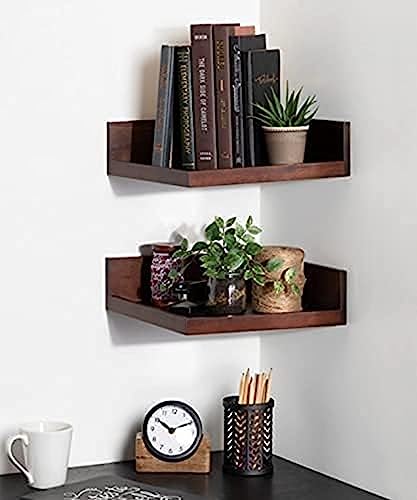 Image of ONIJA Floating Corner Wooden Wall Shelf Set Two Different Different Color Shelf | for Bedroom | Living Room | Hall | Office | Kitchen | Bathroom Shelves (Natural)
