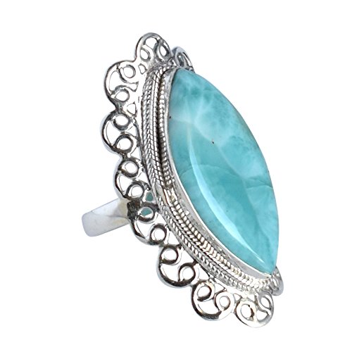 Bague en argent 925 et larimar bleu cabochon 28x14mm réglable fait main