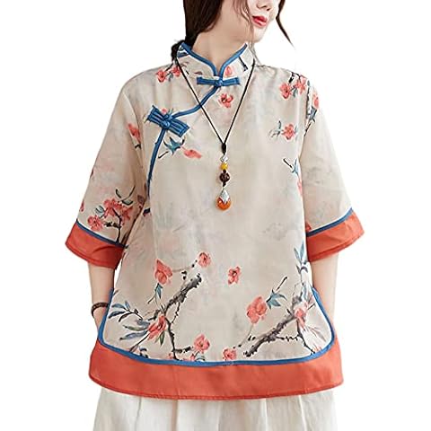 LUZU JUNU Summer Linen Shirt for Women Elegant Retro Chinese Frog Button Cute Floral Tunic Tops Blouse (Orange, XXL) Cover